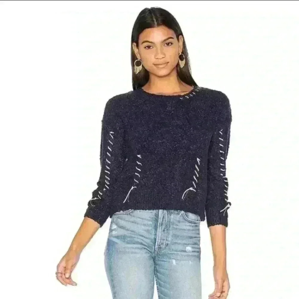 Raga Stitch Navy Fluffy Stitched Peasant Cropped Long Sleeve‎ Sweater Size L